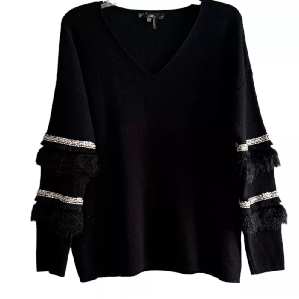 Sloni Sweater Fur Trim Rhinestone Sequin Sparkle Embroidered Women's Size M